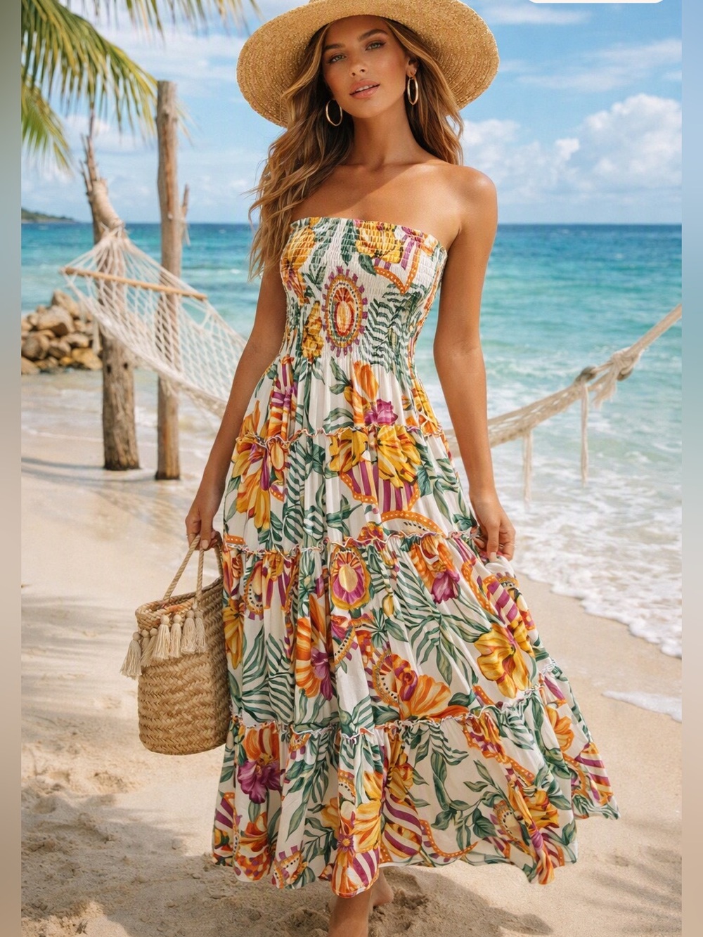 Anthropologie’s Abel the Label Strapless Smocked Floral Tiered Maxi Sun Dress